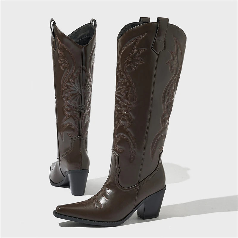 Aneikeh Comfort PU Leather Crocodile Pattern Knee-High Boots Spring/Autumn Pointed Thick Heel Sewing Side Zipper Boots Women's