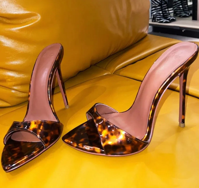 Stylish 12cm High Heeled Pumps Large Size Peep Toe Summer Slippers Women Thin High Heel Metallic Sandals Shoes Mules Femme New