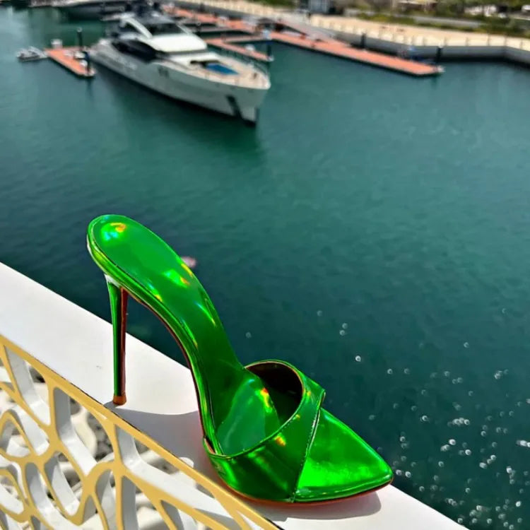 Stylish 12cm High Heeled Pumps Large Size Peep Toe Summer Slippers Women Thin High Heel Metallic Sandals Shoes Mules Femme New