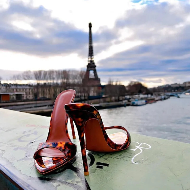 Stylish 12cm High Heeled Pumps Large Size Peep Toe Summer Slippers Women Thin High Heel Metallic Sandals Shoes Mules Femme New