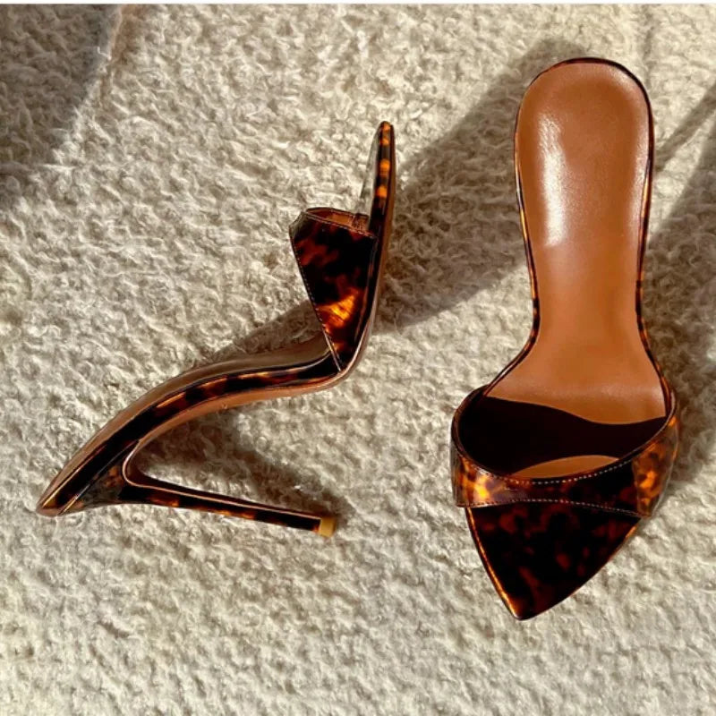 Stylish 12cm High Heeled Pumps Large Size Peep Toe Summer Slippers Women Thin High Heel Metallic Sandals Shoes Mules Femme New