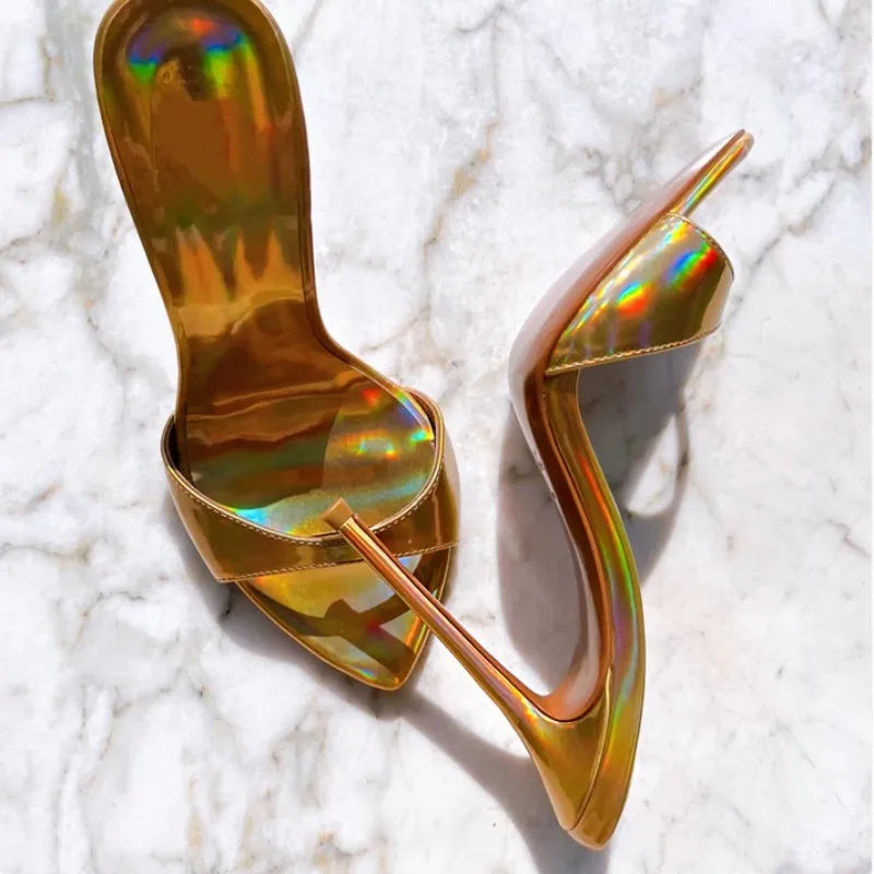 Stylish 12cm High Heeled Pumps Large Size Peep Toe Summer Slippers Women Thin High Heel Metallic Sandals Shoes Mules Femme New