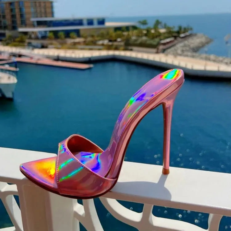 Stylish 12cm High Heeled Pumps Large Size Peep Toe Summer Slippers Women Thin High Heel Metallic Sandals Shoes Mules Femme New