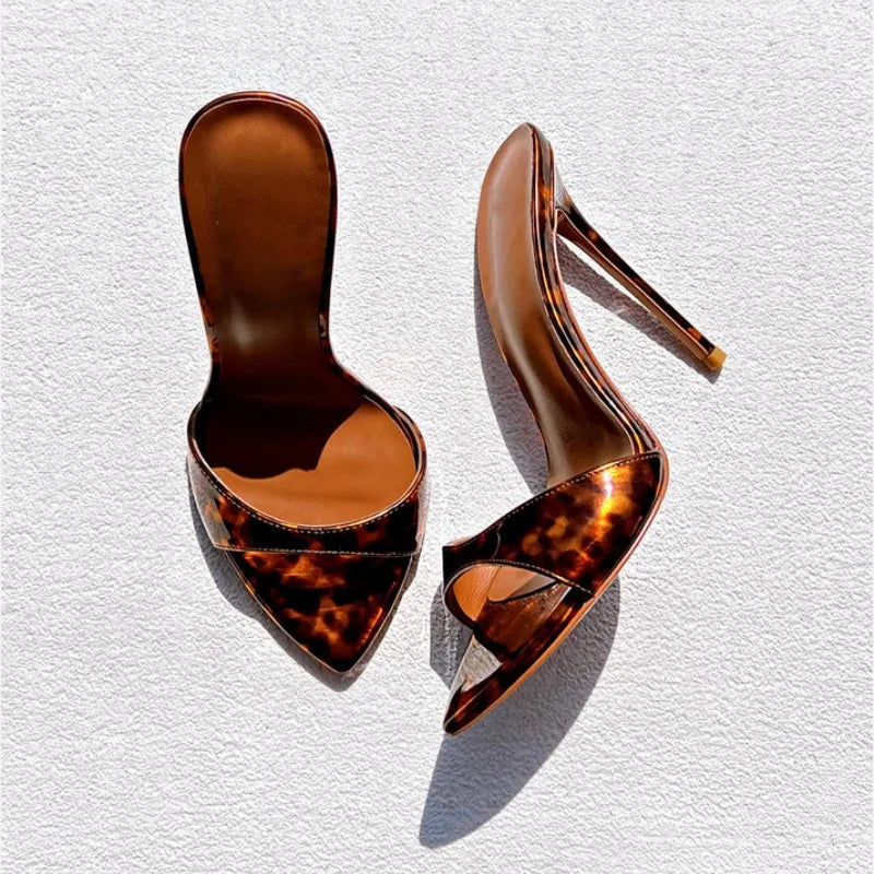 Stylish 12cm High Heeled Pumps Large Size Peep Toe Summer Slippers Women Thin High Heel Metallic Sandals Shoes Mules Femme New