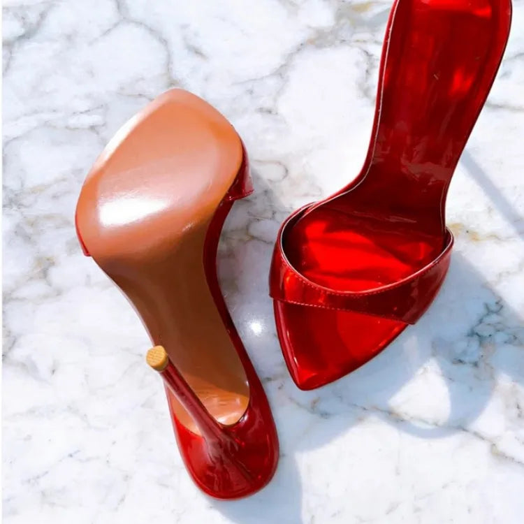 Stylish 12cm High Heeled Pumps Large Size Peep Toe Summer Slippers Women Thin High Heel Metallic Sandals Shoes Mules Femme New