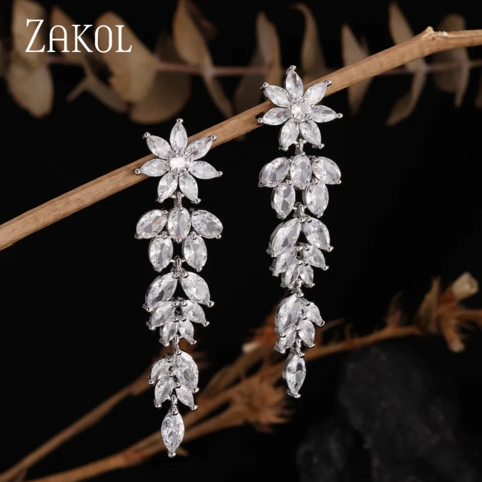 ZAKOL Exquisite Long Tassel Dangle Earrings for Women Inlaid Cubic Zirconia Leaf Bride Jewelry Fashion Wedding Dress Accessories