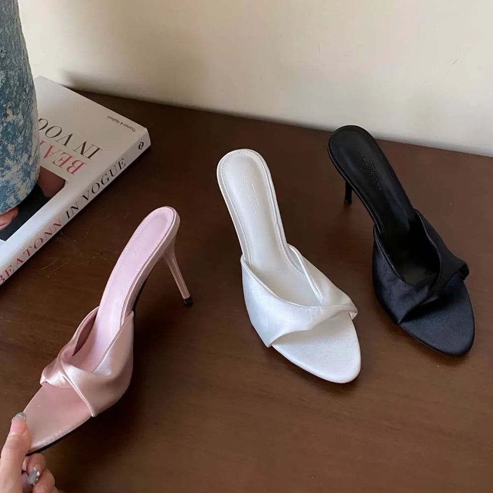 Women's High Heels Mules Dress Sandals Satin Slippers Round Open Toe Slip On Party Prom Wedding Bridal Shoes Stiletto Heel 8cm
