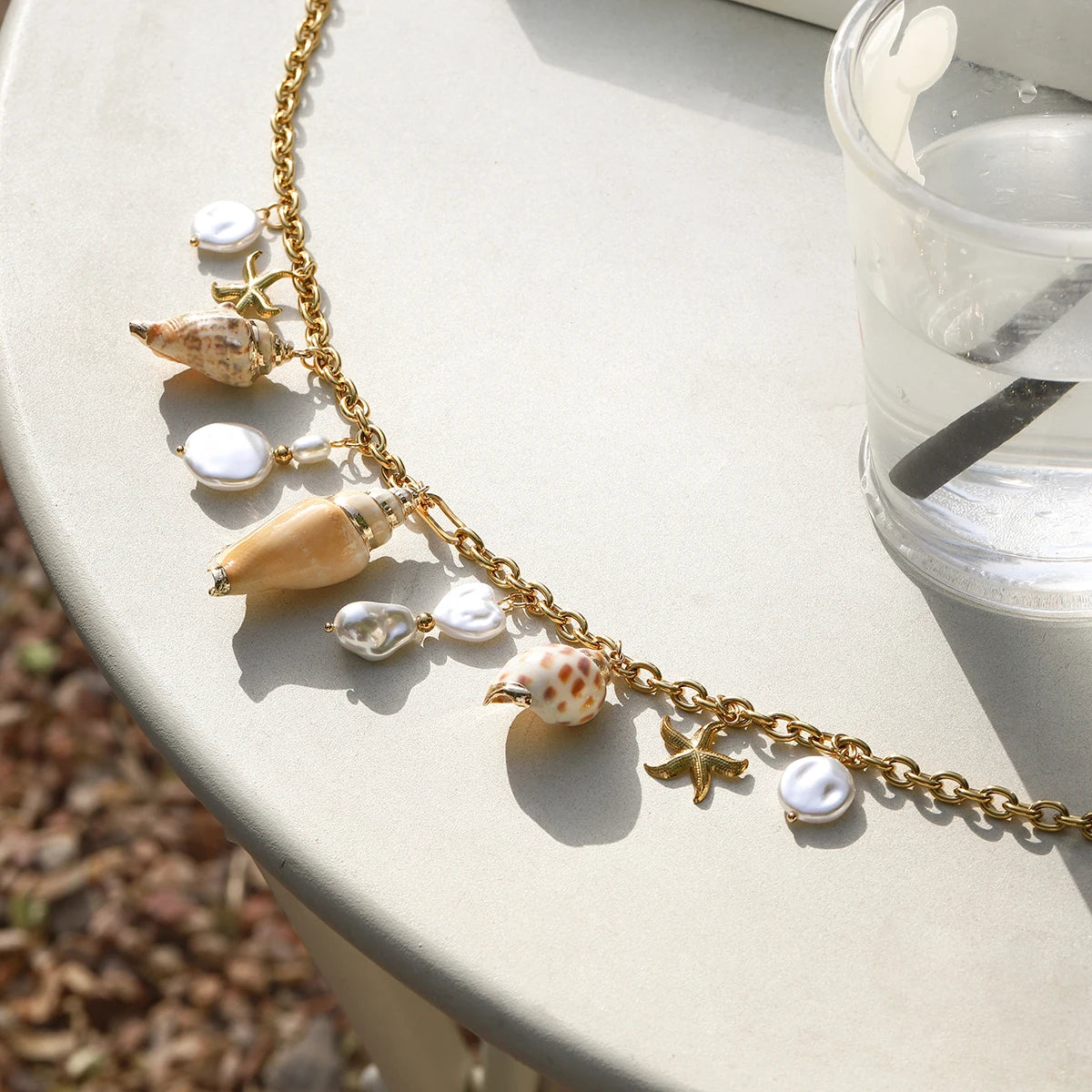 Uworld Fashion Vacation Style 18K Gold Color Stainless Steel Conch Pearl Starfish Pendant Waist Chain Women's Accessories Beach