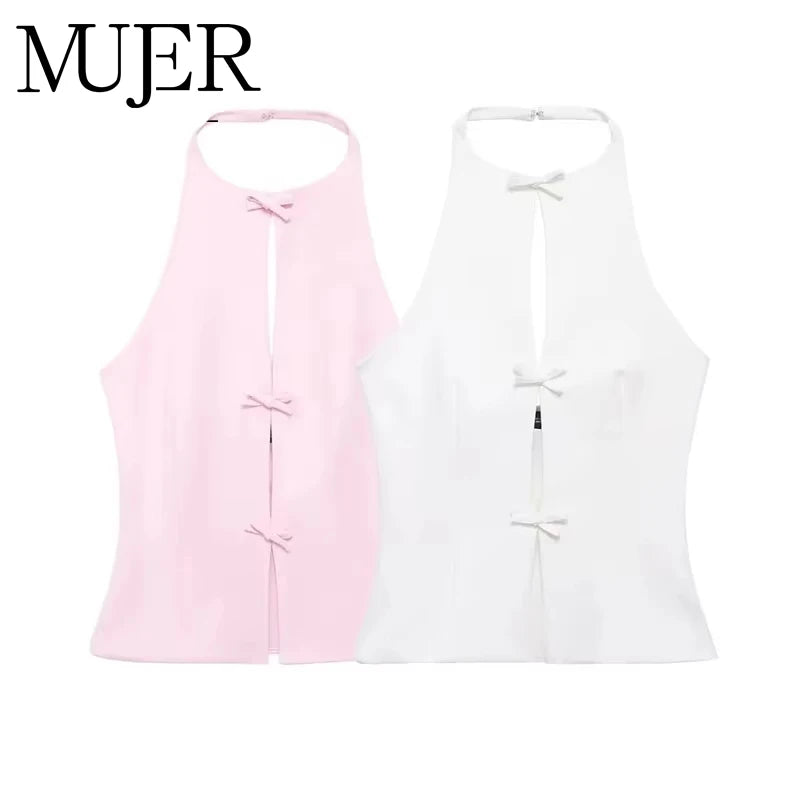 MUJER 2025 Off Shoulder Halter Top Female Pink White Crop Top Women Bow Cut Out Sleeveless Backless Top Woman Sexy Summer Tops