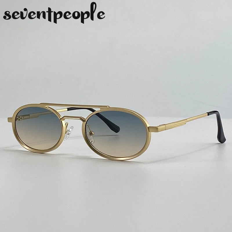 Small Oval Metal Frame Steampunk Sunglasses For Women 2025 Luxury Brand Vintage Double Beam Shades Classic Round Punk Eyewear