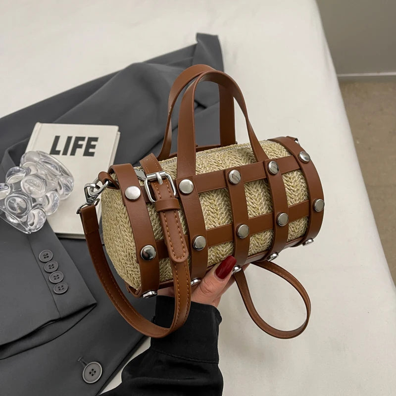 Retro Rivet Crossbody Bag For Women 2024 Boho Hollow Out Straw Bag Handbag Lady Girls Shoulder Phone Purse Small Round Bag Black