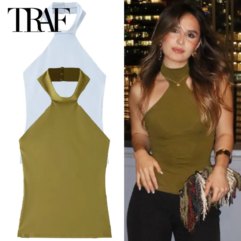 TRAF Halter Top Women Summer 2025 Tanks & Camis Green Blue Tight Tops Sexy Off Shoulder Sleeveless Backless Tops Elegant Vests
