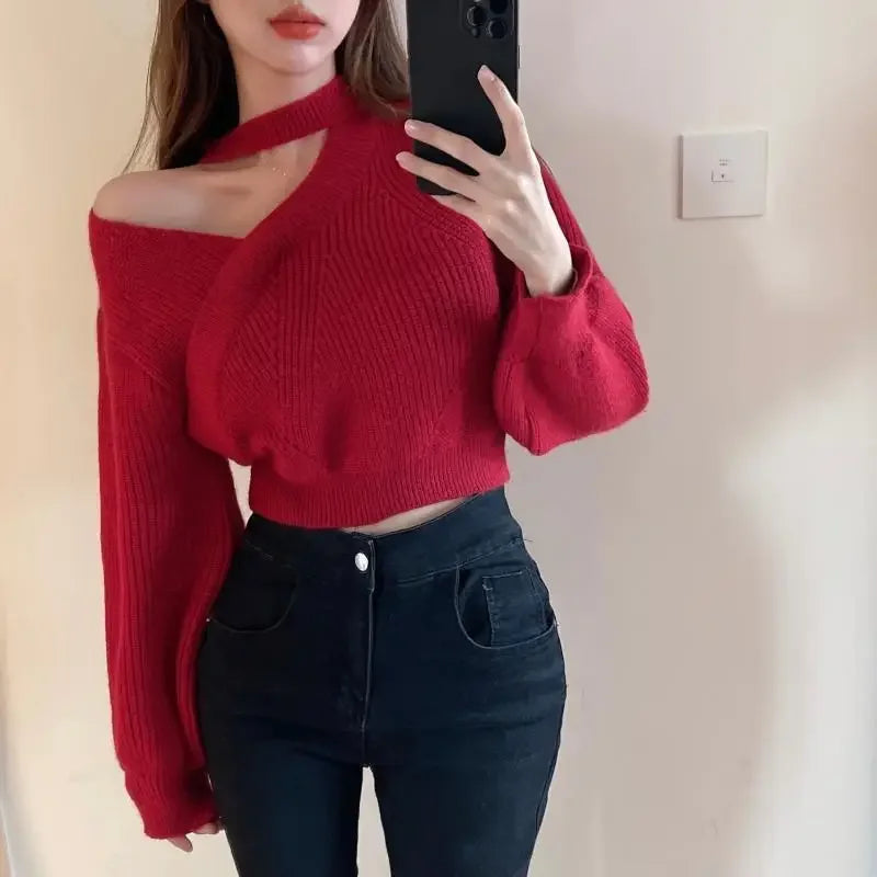 2024 New Halter Neck Off-the-shoulder Cropped Sweater Women's Autumn/winter Outerwear Waist-fitted Korean Knitted Top Sleeve