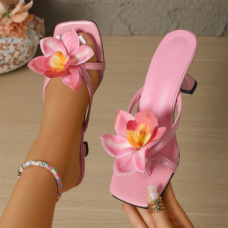 Pink Flower High Heels Sandals for Women Fashion Pu Leather Cross Band Party Shoes 2025 Summer Thin Heeled Square Toe Shoes