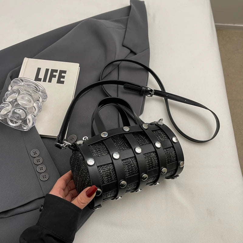 Retro Rivet Crossbody Bag For Women 2024 Boho Hollow Out Straw Bag Handbag Lady Girls Shoulder Phone Purse Small Round Bag Black