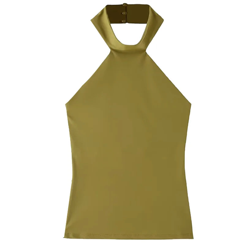 TRAF Halter Top Women Summer 2025 Tanks & Camis Green Blue Tight Tops Sexy Off Shoulder Sleeveless Backless Tops Elegant Vests