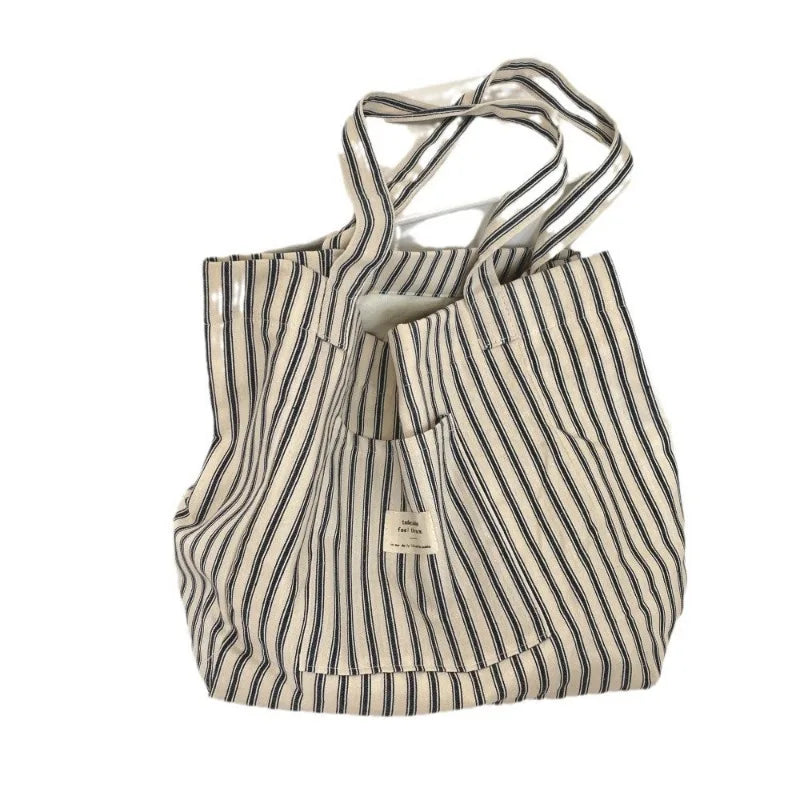 Holiday Striped Canvas Bag Versatile for Shopping Large Capacity Shopping Bag for Women Lightweight Commuting Shoulder Bag