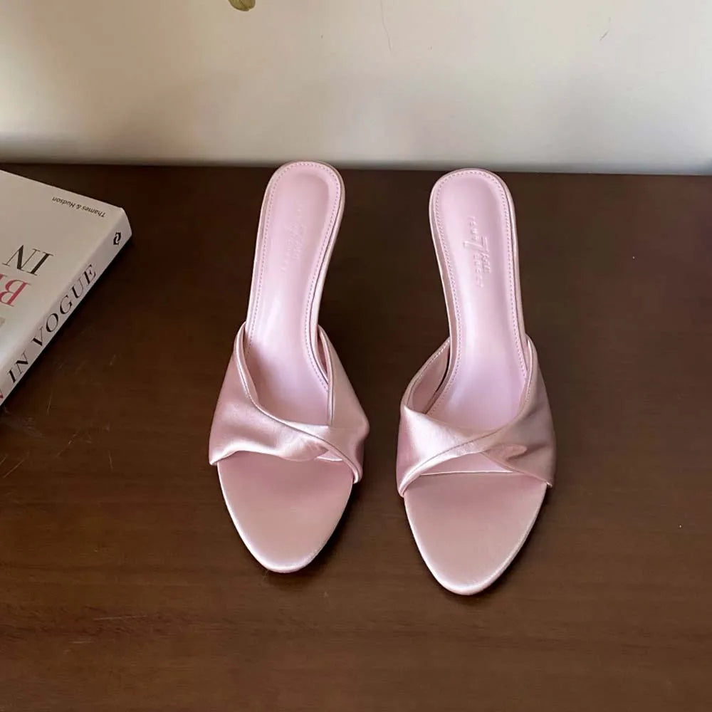 Women's High Heels Mules Dress Sandals Satin Slippers Round Open Toe Slip On Party Prom Wedding Bridal Shoes Stiletto Heel 8cm