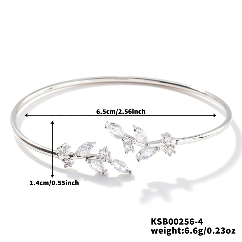 ZAKOL Fashion Cubic Zirconia Leaf Decor Gold Color Thin Cuff Open Bangles For Women Trendy Daily Wear Jewelry Wholesale