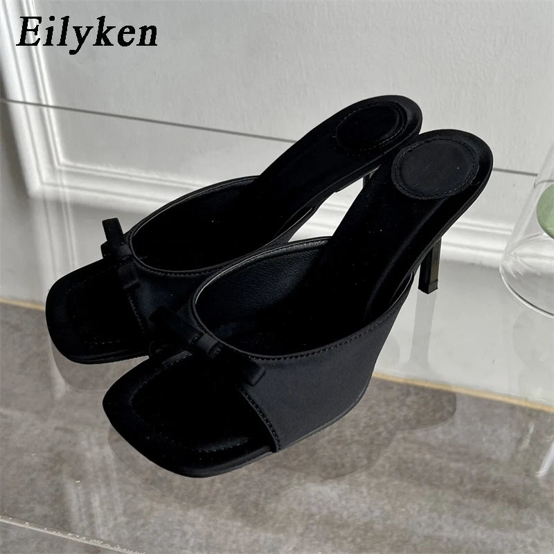 Eilyken Summer Fashion Butterfly-knot Satin Women Slipper Slip On Ladies Sandal Thin High Heel Outdoor Dress Slides Shoes