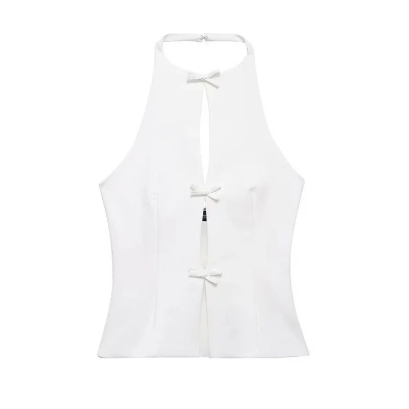 MUJER 2025 Off Shoulder Halter Top Female Pink White Crop Top Women Bow Cut Out Sleeveless Backless Top Woman Sexy Summer Tops