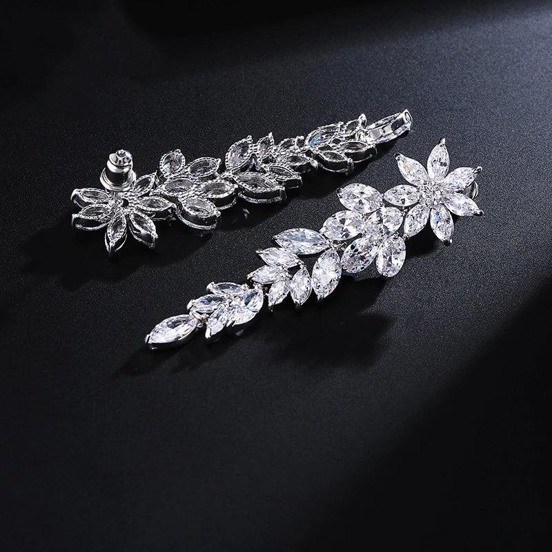 ZAKOL Exquisite Long Tassel Dangle Earrings for Women Inlaid Cubic Zirconia Leaf Bride Jewelry Fashion Wedding Dress Accessories