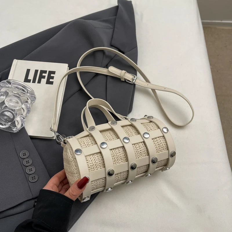 Retro Rivet Crossbody Bag For Women 2024 Boho Hollow Out Straw Bag Handbag Lady Girls Shoulder Phone Purse Small Round Bag Black