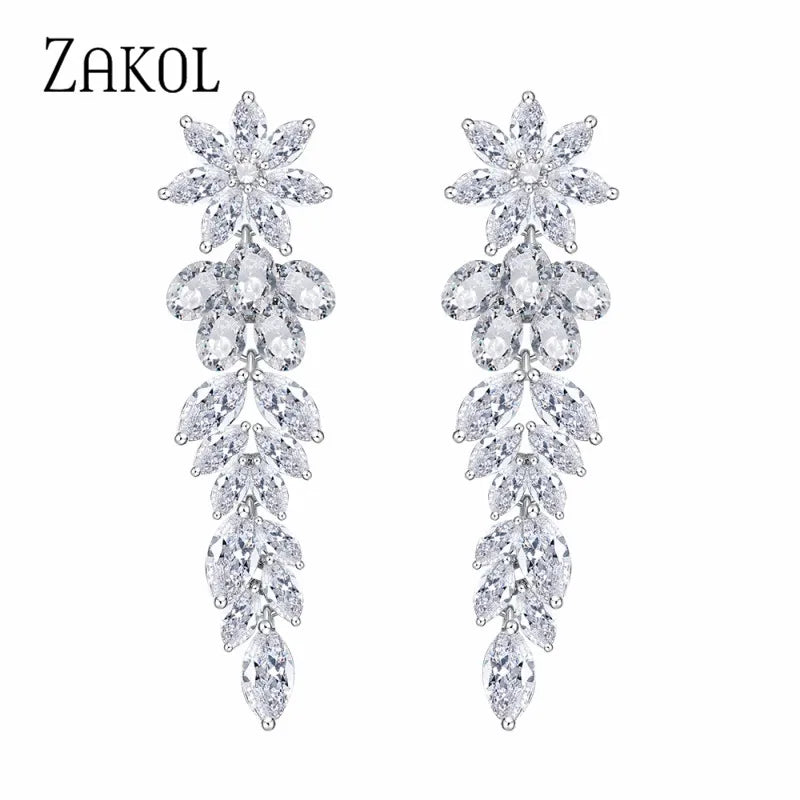 ZAKOL Exquisite Long Tassel Dangle Earrings for Women Inlaid Cubic Zirconia Leaf Bride Jewelry Fashion Wedding Dress Accessories