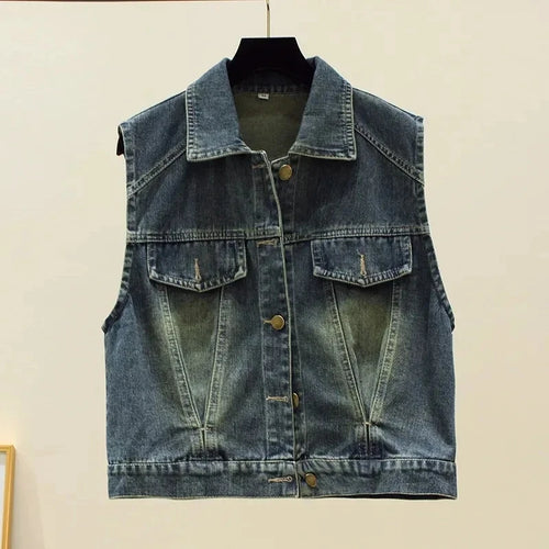 2025New Spring Autumn Vintage Lapel Denim Vest Woman Single Breasted Slim Short Jackets Female Tops Jean Waistcoat Chaleco Mujer