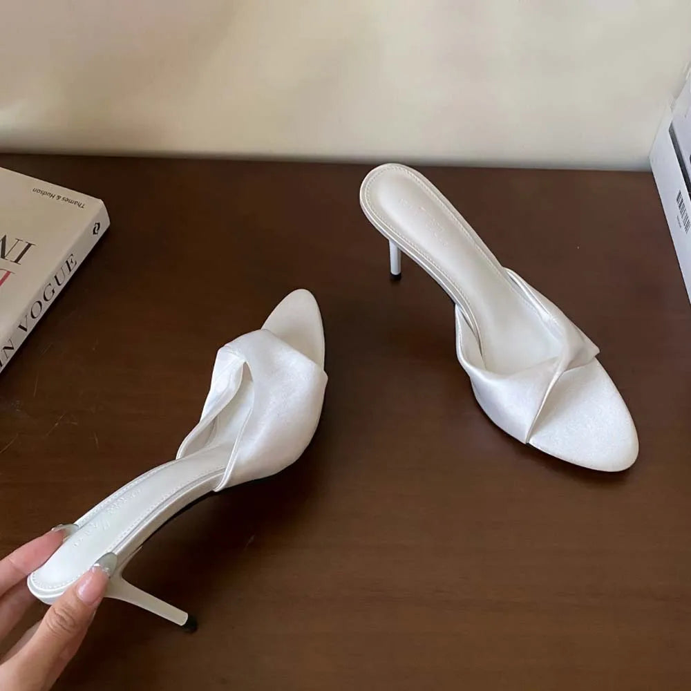 Women's High Heels Mules Dress Sandals Satin Slippers Round Open Toe Slip On Party Prom Wedding Bridal Shoes Stiletto Heel 8cm