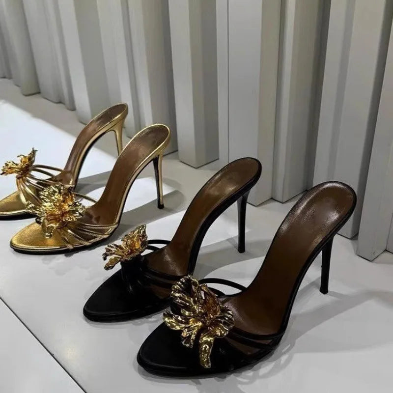 2025 Women's Sandals Slippers Summer Metal Flowers Beautiful Fashion Sandals Women's Stiletto High Heels Black Sandals