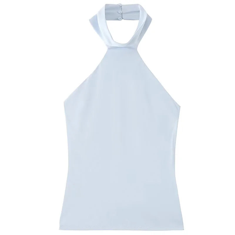 TRAF Halter Top Women Summer 2025 Tanks & Camis Green Blue Tight Tops Sexy Off Shoulder Sleeveless Backless Tops Elegant Vests