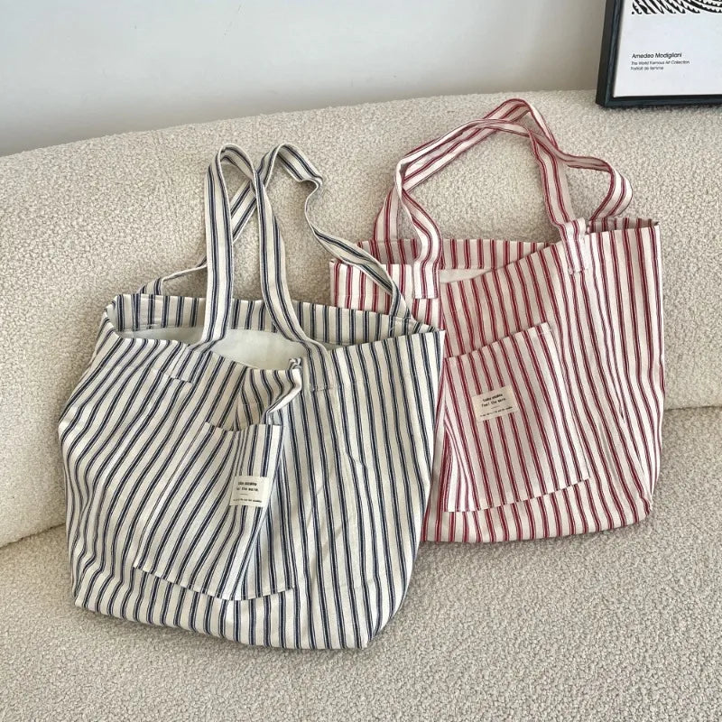 Holiday Striped Canvas Bag Versatile for Shopping Large Capacity Shopping Bag for Women Lightweight Commuting Shoulder Bag