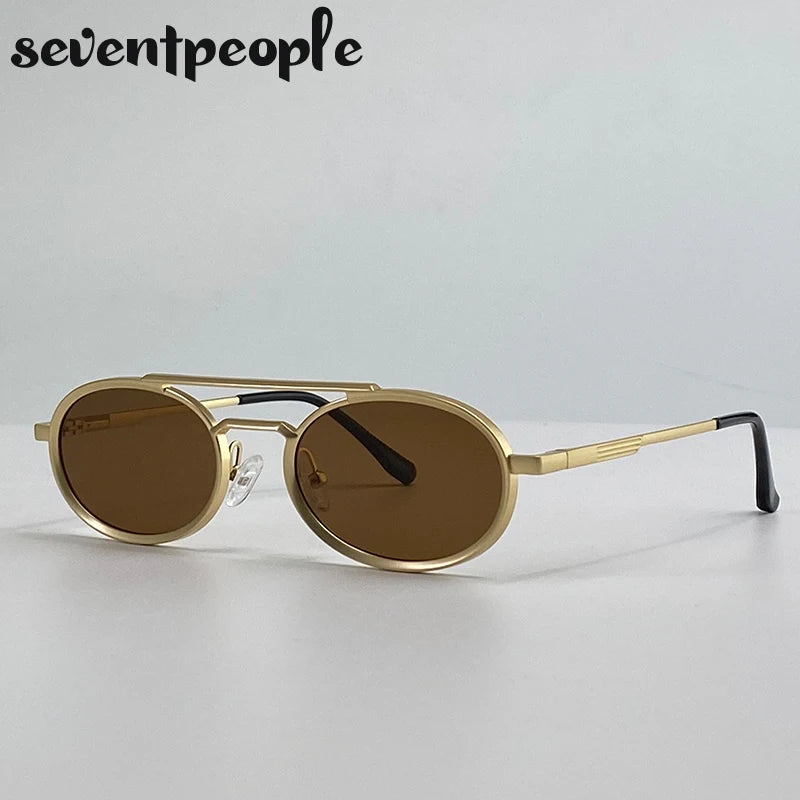 Small Oval Metal Frame Steampunk Sunglasses For Women 2025 Luxury Brand Vintage Double Beam Shades Classic Round Punk Eyewear