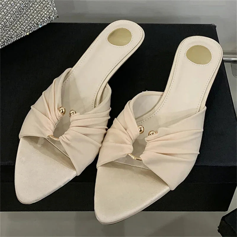 Aneikeh Sexy Thin Low Heels Slipper Women Fashion Pleated Metal Buckle Hollow Out Pointed Toe Slides Party Sandals Mules Shoes