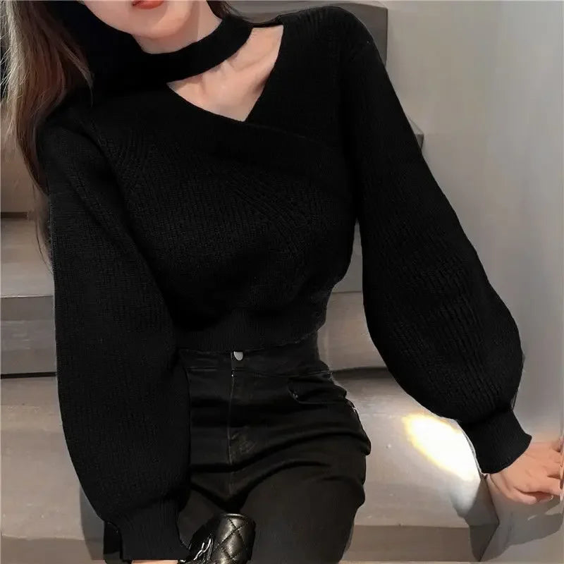 2024 New Halter Neck Off-the-shoulder Cropped Sweater Women's Autumn/winter Outerwear Waist-fitted Korean Knitted Top Sleeve