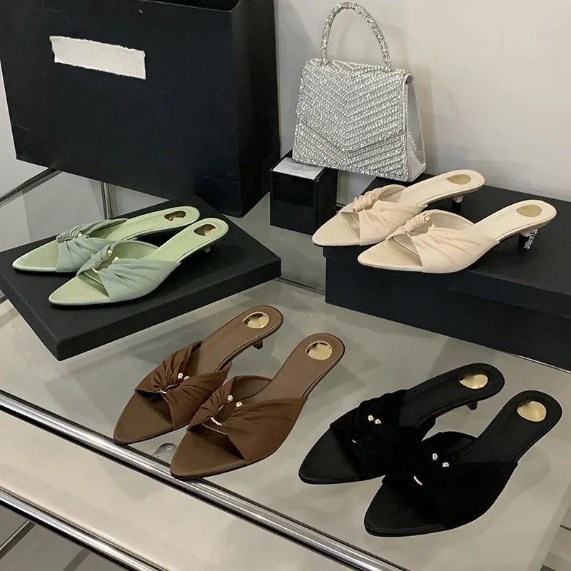 Aneikeh Sexy Thin Low Heels Slipper Women Fashion Pleated Metal Buckle Hollow Out Pointed Toe Slides Party Sandals Mules Shoes