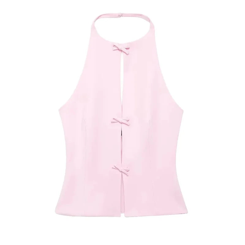 MUJER 2025 Off Shoulder Halter Top Female Pink White Crop Top Women Bow Cut Out Sleeveless Backless Top Woman Sexy Summer Tops
