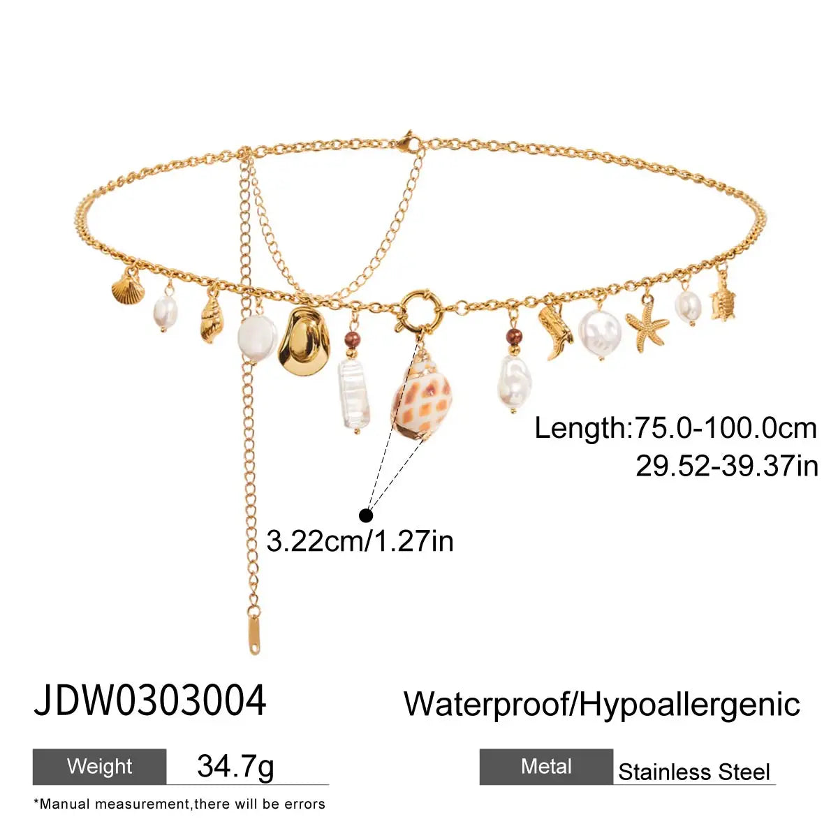 Uworld Fashion Vacation Style 18K Gold Color Stainless Steel Conch Pearl Starfish Pendant Waist Chain Women's Accessories Beach