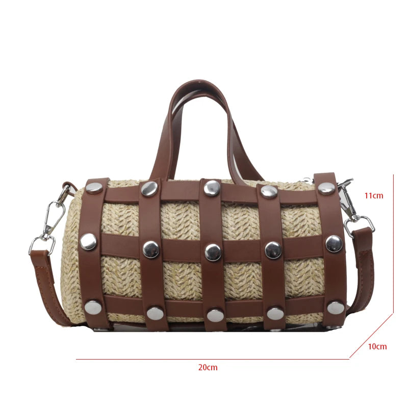Retro Rivet Crossbody Bag For Women 2024 Boho Hollow Out Straw Bag Handbag Lady Girls Shoulder Phone Purse Small Round Bag Black