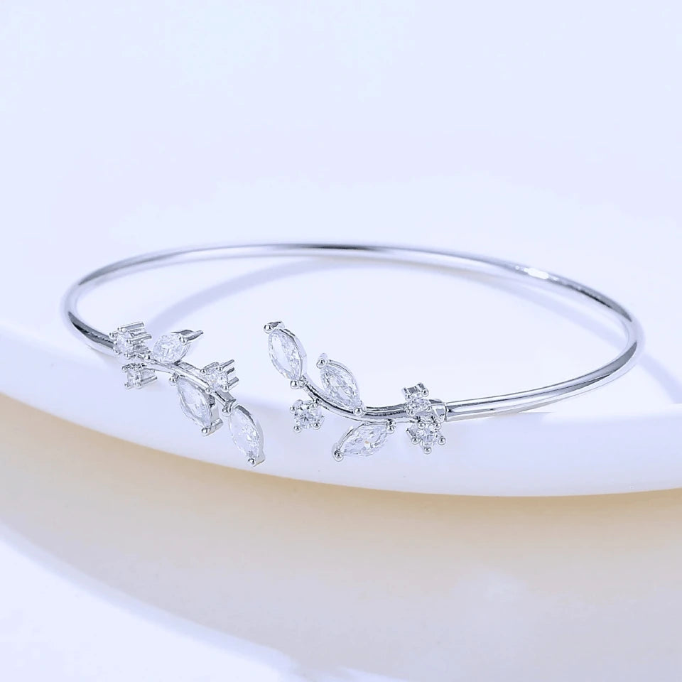 ZAKOL Fashion Cubic Zirconia Leaf Decor Gold Color Thin Cuff Open Bangles For Women Trendy Daily Wear Jewelry Wholesale