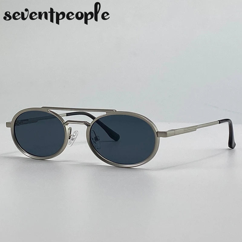 Small Oval Metal Frame Steampunk Sunglasses For Women 2025 Luxury Brand Vintage Double Beam Shades Classic Round Punk Eyewear