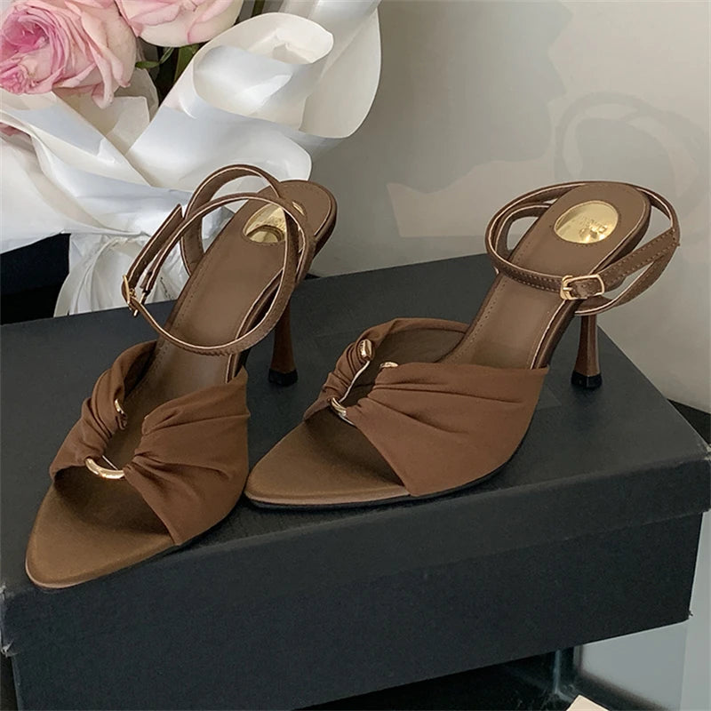 Eilyken Summer Fashion Thin Heels Pleated Hollow Out Buckle Strap Women Sandals Pointed Toe Banquet Party Female Shoes  6CM 9CM