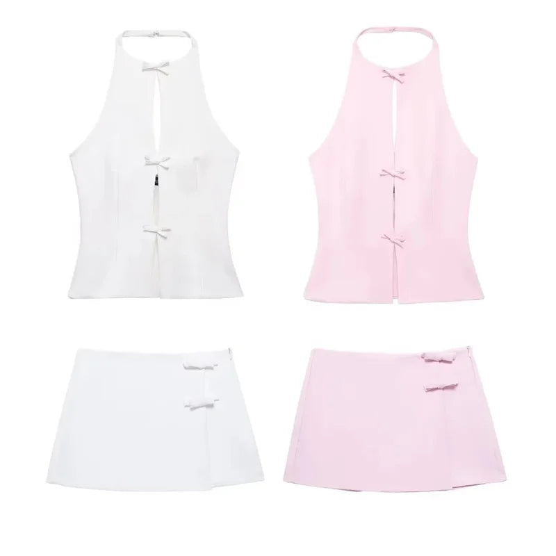MUJER 2025 Off Shoulder Halter Top Female Pink White Crop Top Women Bow Cut Out Sleeveless Backless Top Woman Sexy Summer Tops