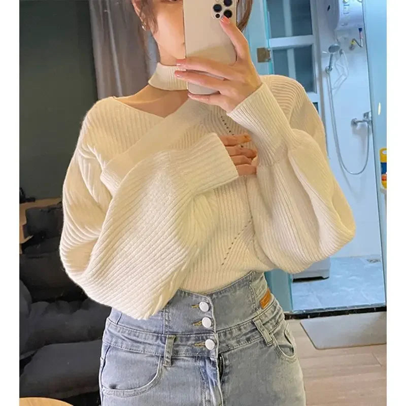 2024 New Halter Neck Off-the-shoulder Cropped Sweater Women's Autumn/winter Outerwear Waist-fitted Korean Knitted Top Sleeve