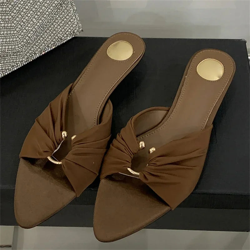 Aneikeh Sexy Thin Low Heels Slipper Women Fashion Pleated Metal Buckle Hollow Out Pointed Toe Slides Party Sandals Mules Shoes