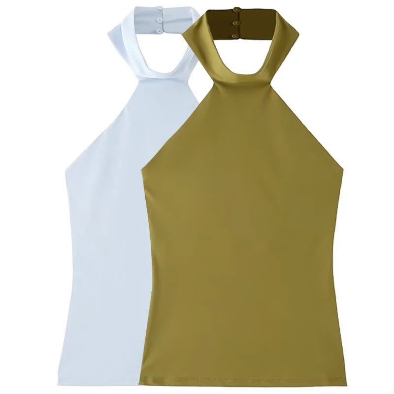 TRAF Halter Top Women Summer 2025 Tanks & Camis Green Blue Tight Tops Sexy Off Shoulder Sleeveless Backless Tops Elegant Vests