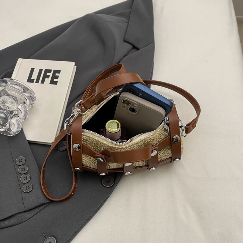 Retro Rivet Crossbody Bag For Women 2024 Boho Hollow Out Straw Bag Handbag Lady Girls Shoulder Phone Purse Small Round Bag Black