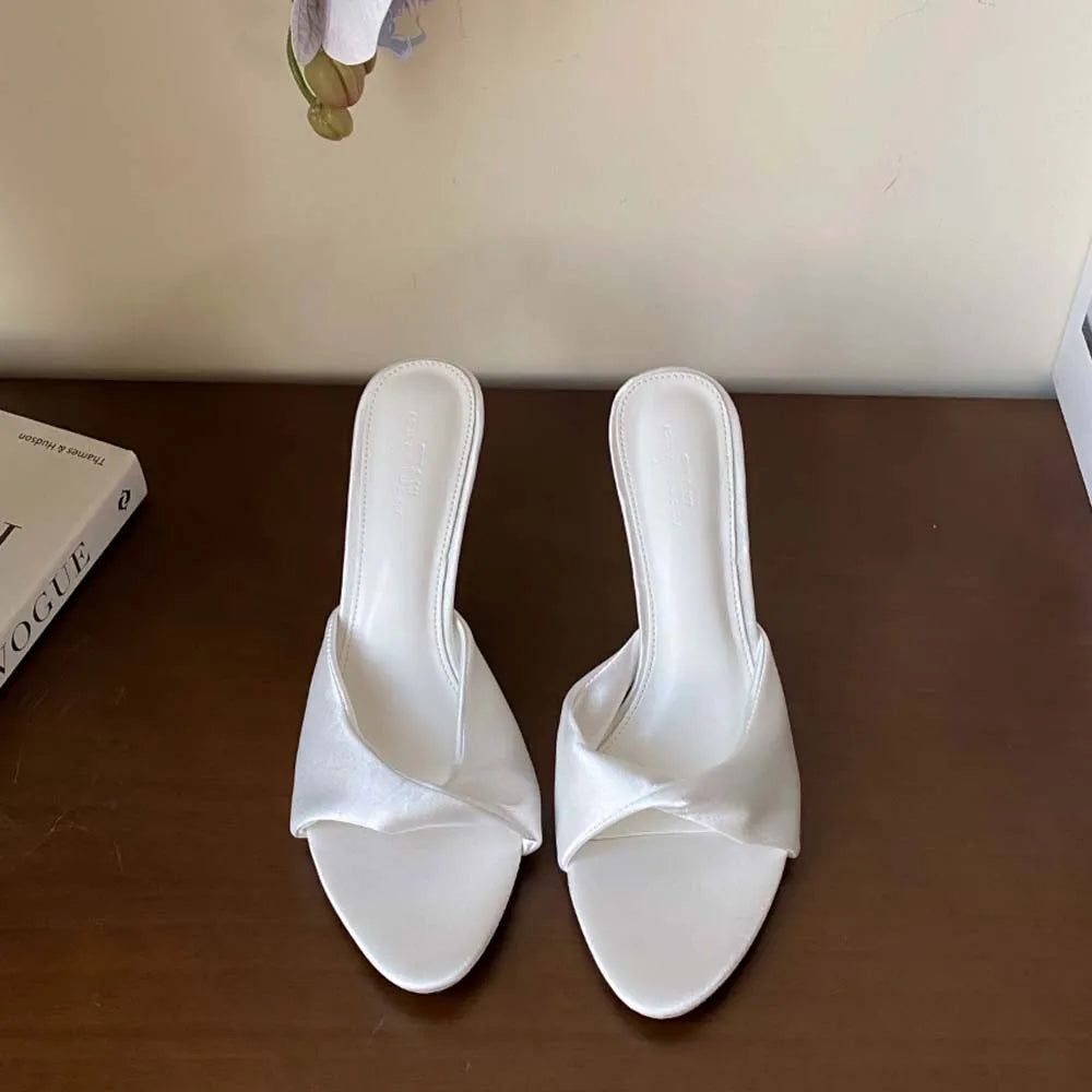 Women's High Heels Mules Dress Sandals Satin Slippers Round Open Toe Slip On Party Prom Wedding Bridal Shoes Stiletto Heel 8cm