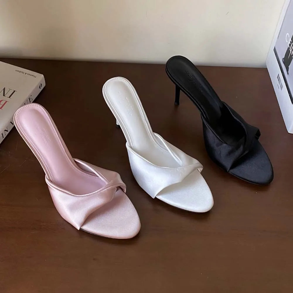 Women's High Heels Mules Dress Sandals Satin Slippers Round Open Toe Slip On Party Prom Wedding Bridal Shoes Stiletto Heel 8cm
